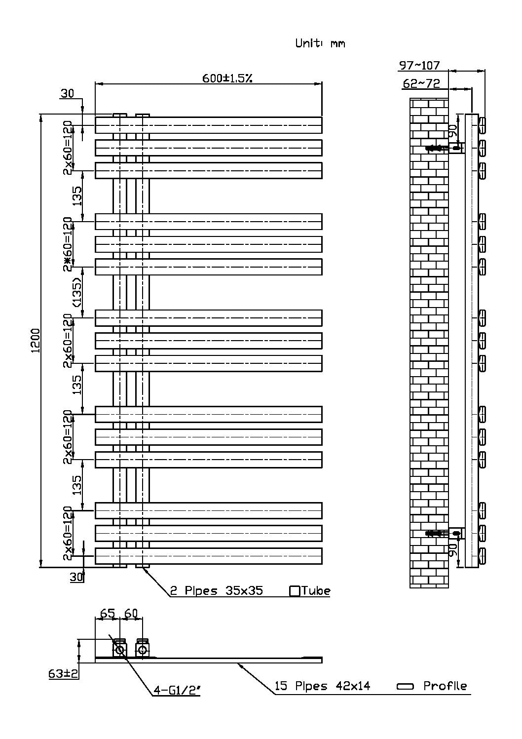 Alpine 600x1200mm Designer Radiator - Anthracite