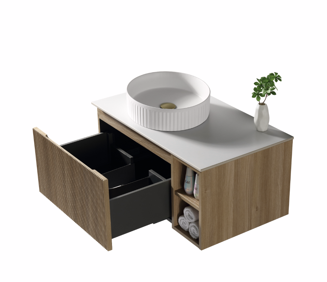 Faenza 800mm Wall Mounted Vanity Unit & Countertop with Side Storage - Amber Oak RH