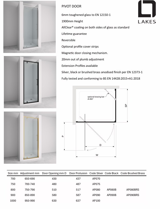 Lakes Enclosures 750mm Pivot Shower Door - Chrome