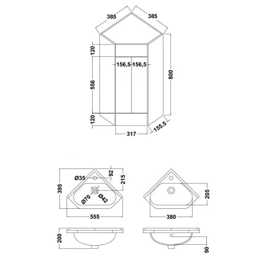 Viva Corner 1 Door Vanity Unit & Basin - White