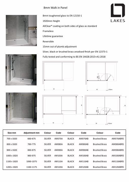 Lakes Enclosures 900mm Wetroom Screen - Black