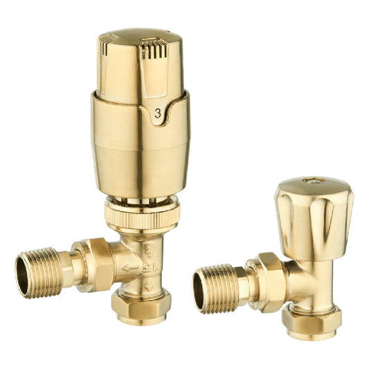 Thermostatic Controlled Angled Radiator Valves - Brushed Brass