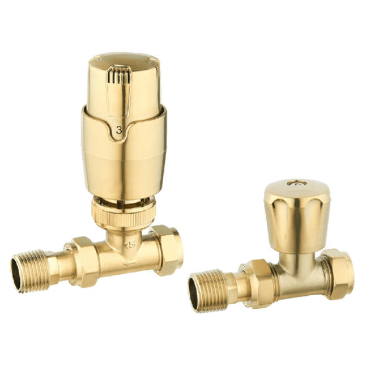 Thermostatic Controlled Straight Radiator Valves - Brushed Brass