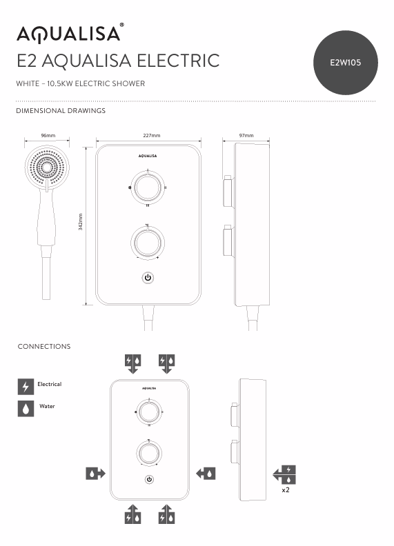 Aqualisa E2 APL Elect Shwr 3 Mode Handset 10.5kW Mulltifit White