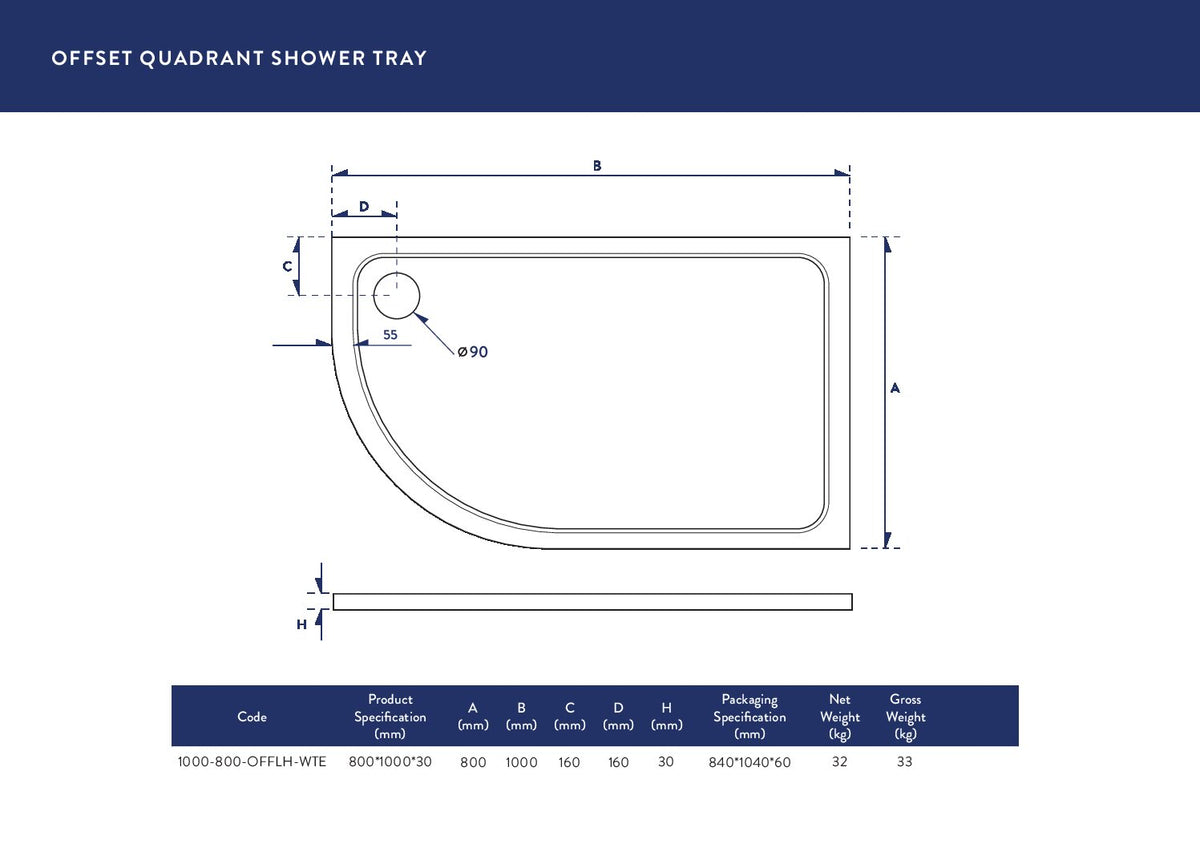 1000x800mm Offset Quadrant Shower Tray - Left Hand