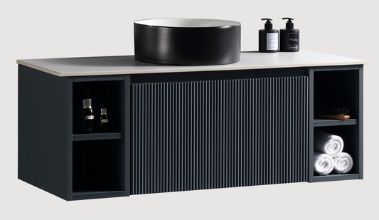 Faenza 1000mm 1 Drawer Wall Mounted Vanity Unit & Sintered Stone Counter Top with Side Storage - Laguna Blue