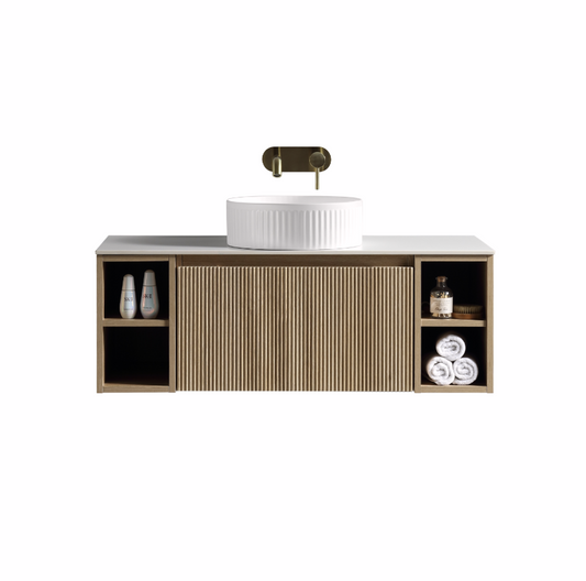 Faenza 1000mm 1 Drawer Wall Mounted Vanity Unit & Sintered Stone Counter Top with Side Storage - Amber Oak