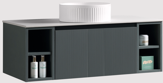Faenza 1000mm 1 Drawer Wall Mounted Vanity Unit & Sintered Stone Counter Top with Side Storage - Riveria Blue