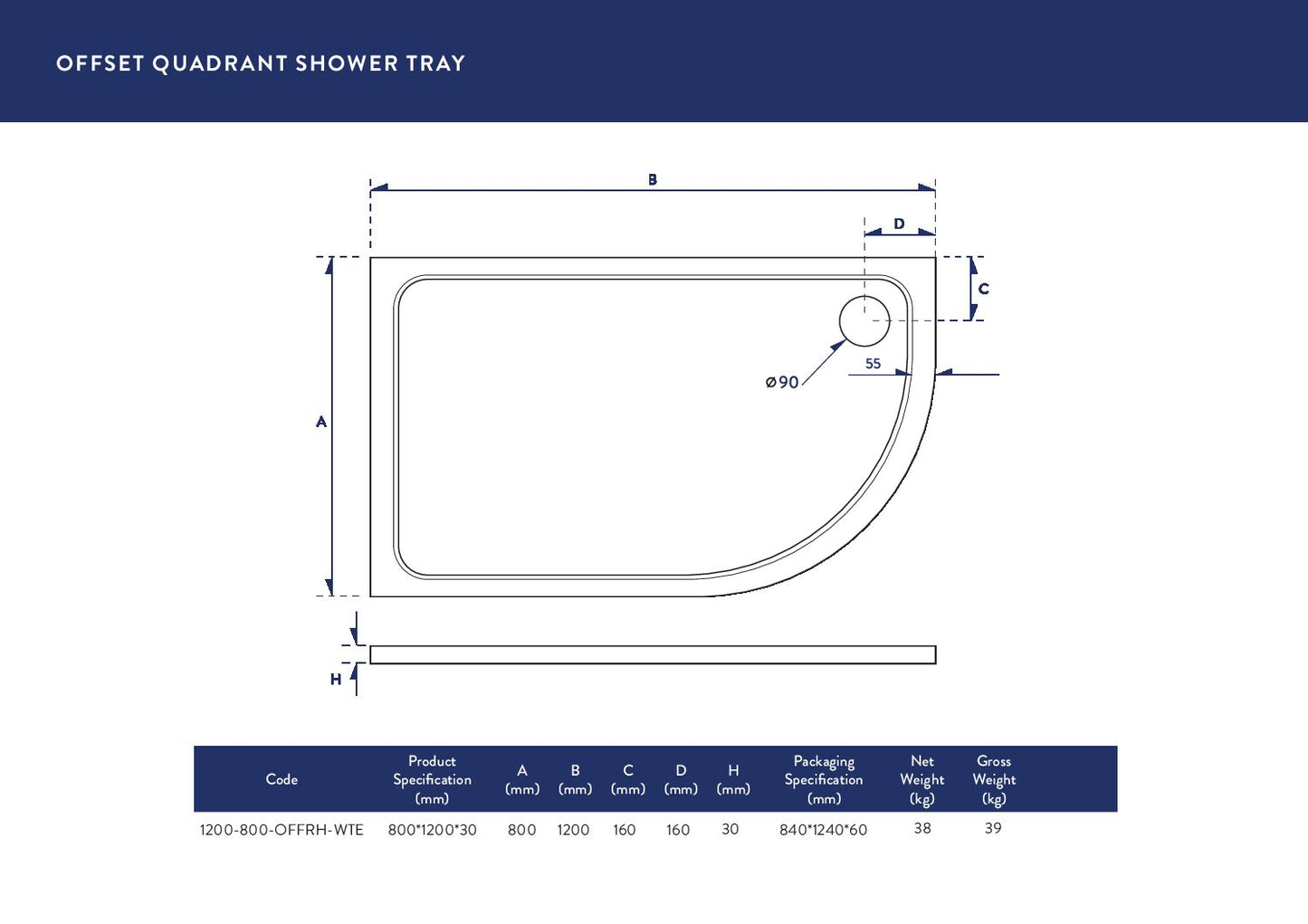 1200x800mm Offset Quadrant Shower Tray - Right Hand