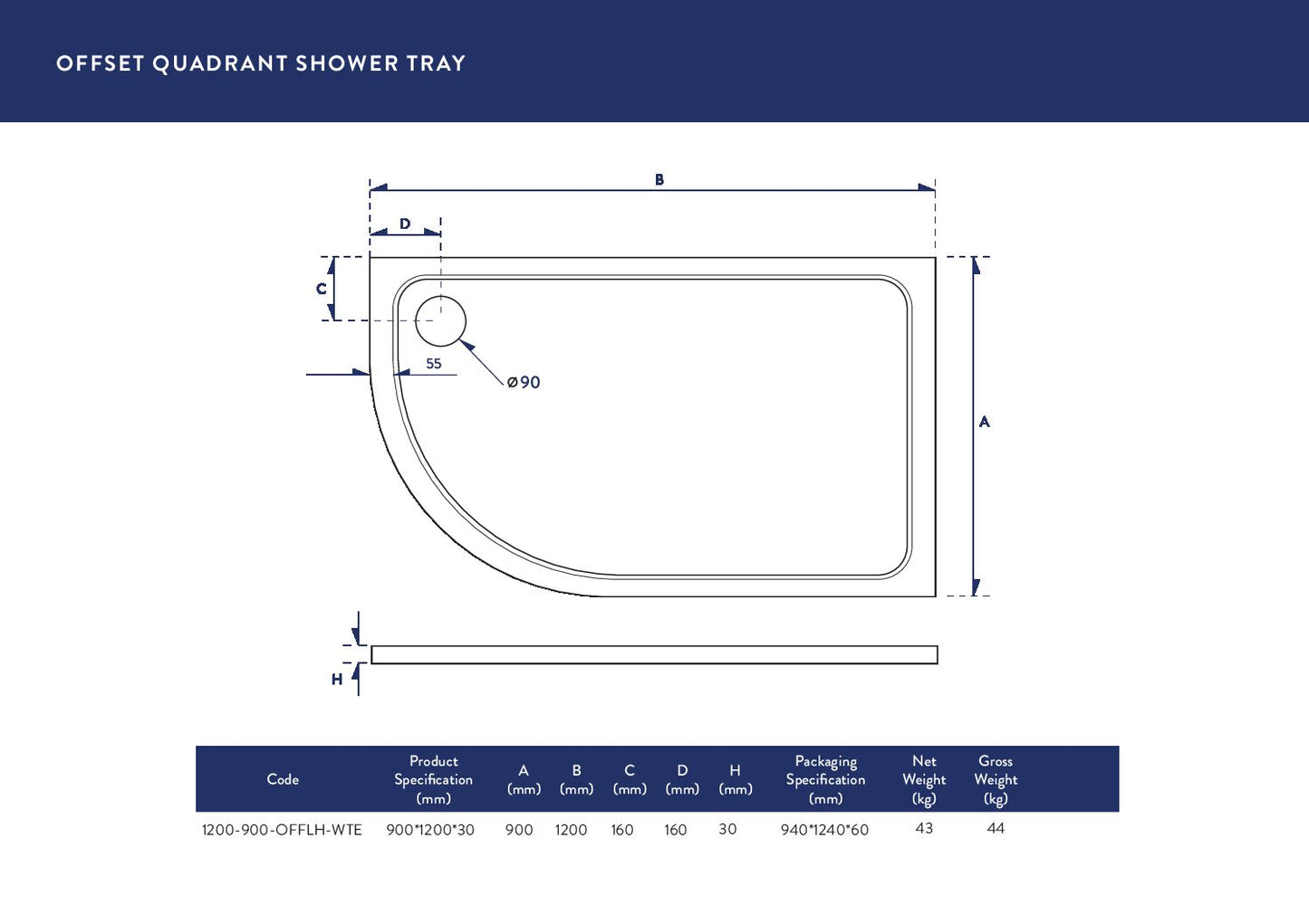 1200x900mm Offset Quadrant Shower Tray - Left Hand