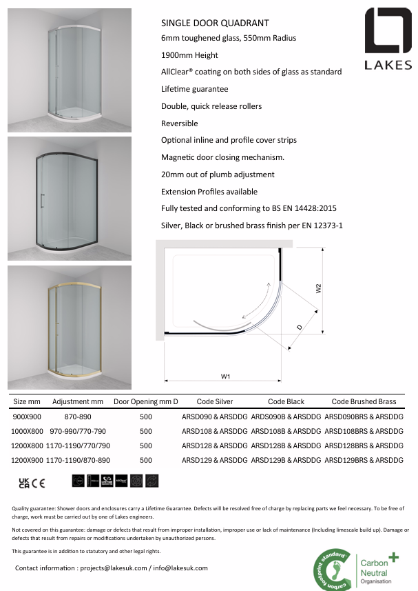 Lakes Enclosures 1000x800 Offset Quadrant Shower Enclosure - Black