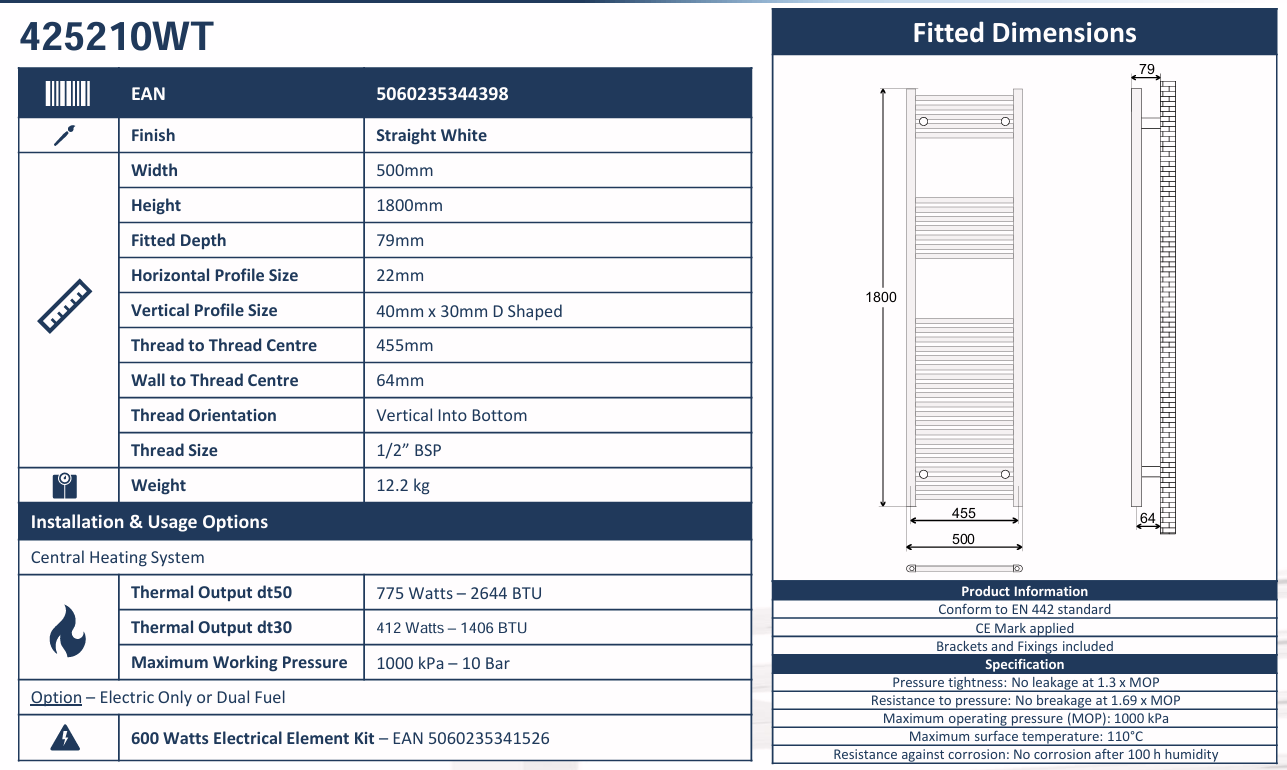 Avanti Towel Rail Straight 500x1800mm - White