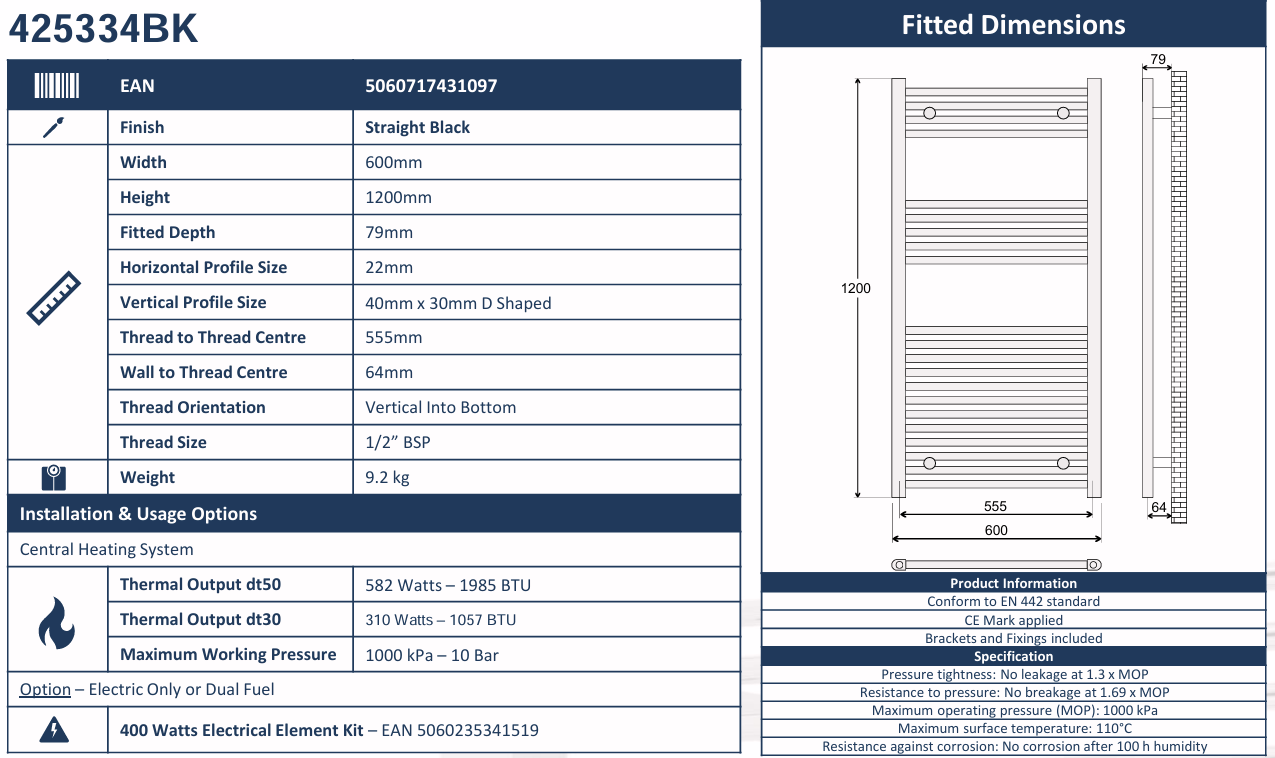 Avanti Towel Rail Straight 600x1200mm - Black