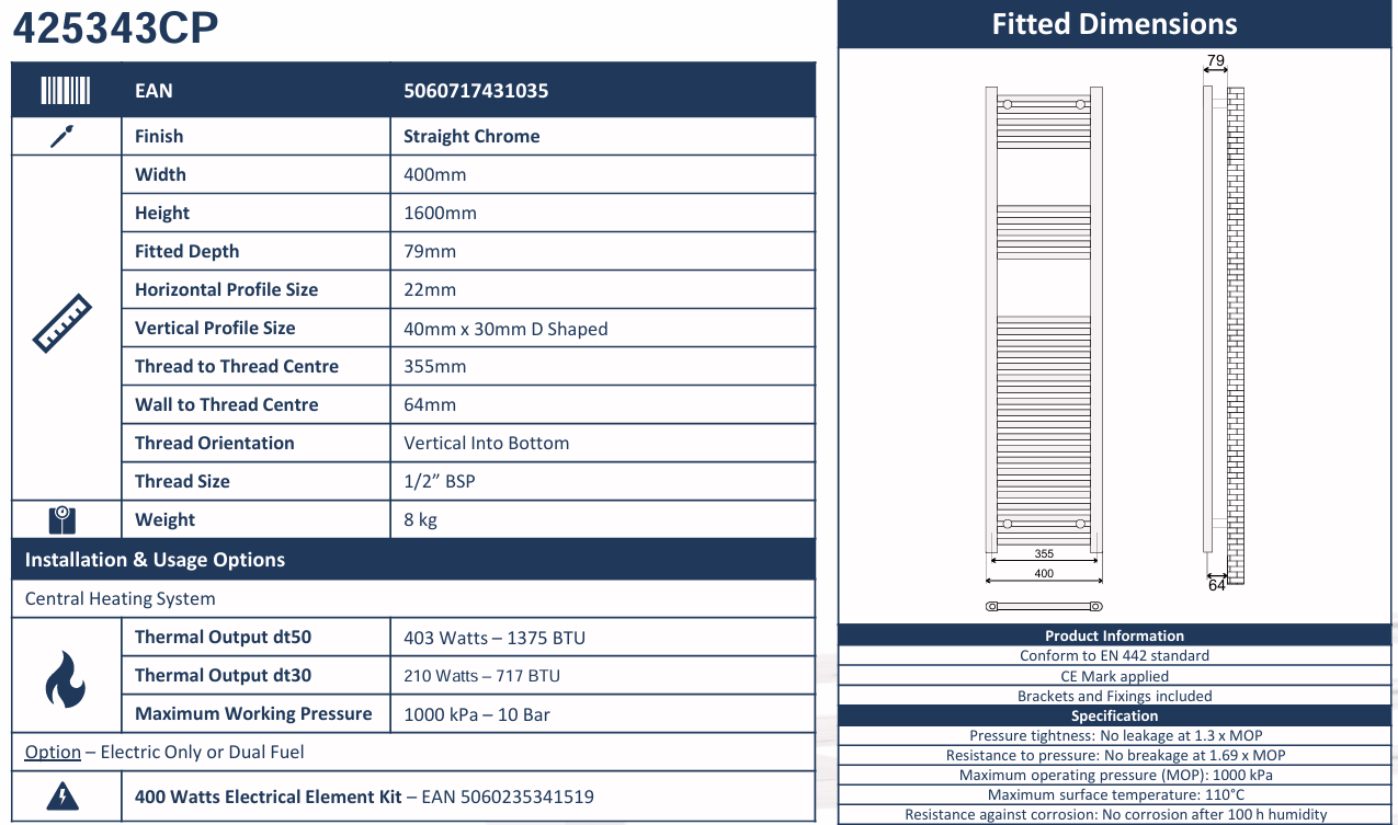 Avanti Towel Rail Straight 400x1600mm Chrome