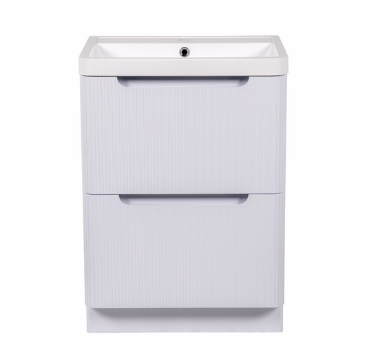 Vela Fluted 600mm 2 Drawer Floorstanding Vanity Unit & Basin - White Gloss