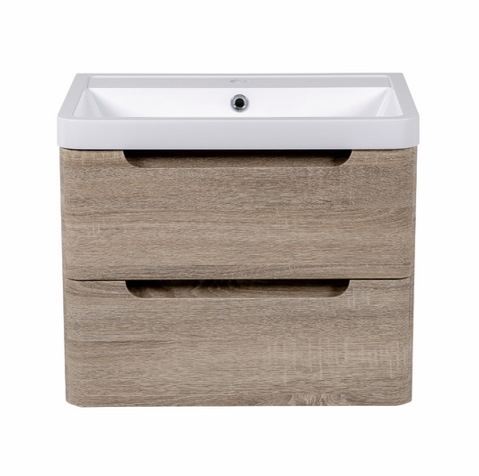 Vela 600mm 2 Drawer Wall Mounted Vanity Unit & Basin - Amber Oak