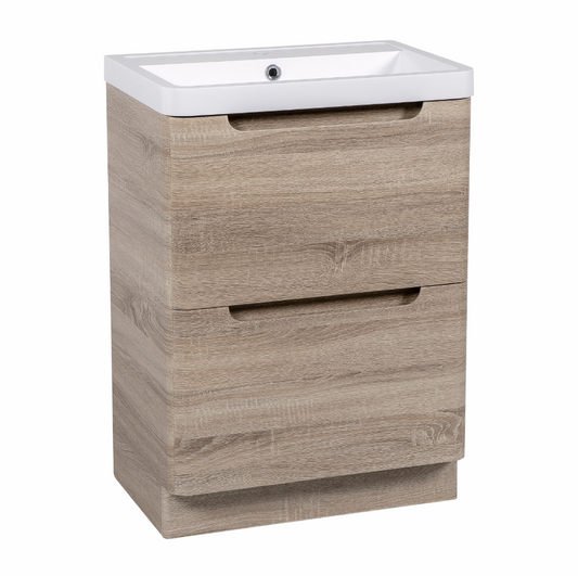 Vela 600mm 2 Drawer Floor standing Vanity Unit & Basin - Amber Oak