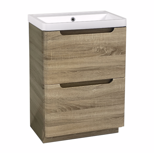 Vela Fluted 600mm 2 Drawer Floorstanding Vanity Unit & Basin - Amber Oak