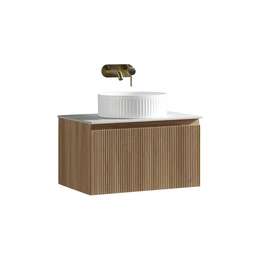 Faenza 600mm 1 Drawer Wall Mounted Vanity Unit & Sintered Stone Counter Top - Amber Oak