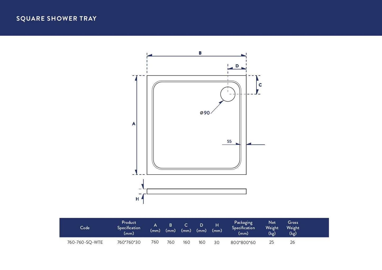 SenseWare 760x760mm Shower Tray - White