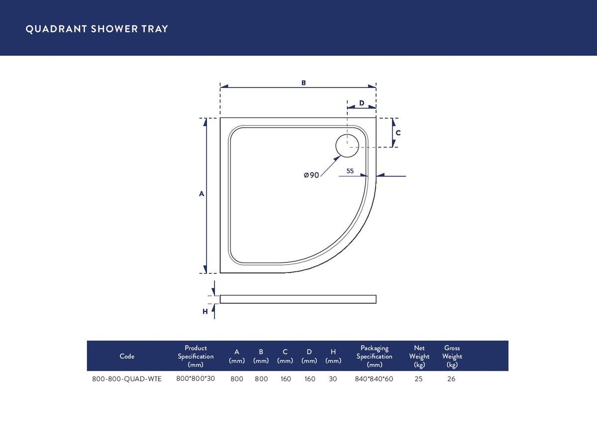 800x800mm Quadrant Shower Tray