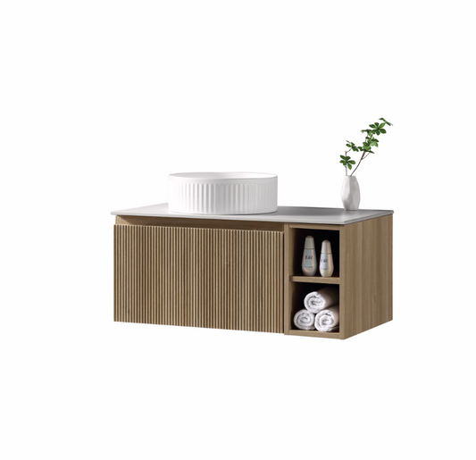 Faenza 800mm Wall Mounted Vanity Unit & Countertop with Side Storage - Amber Oak RH