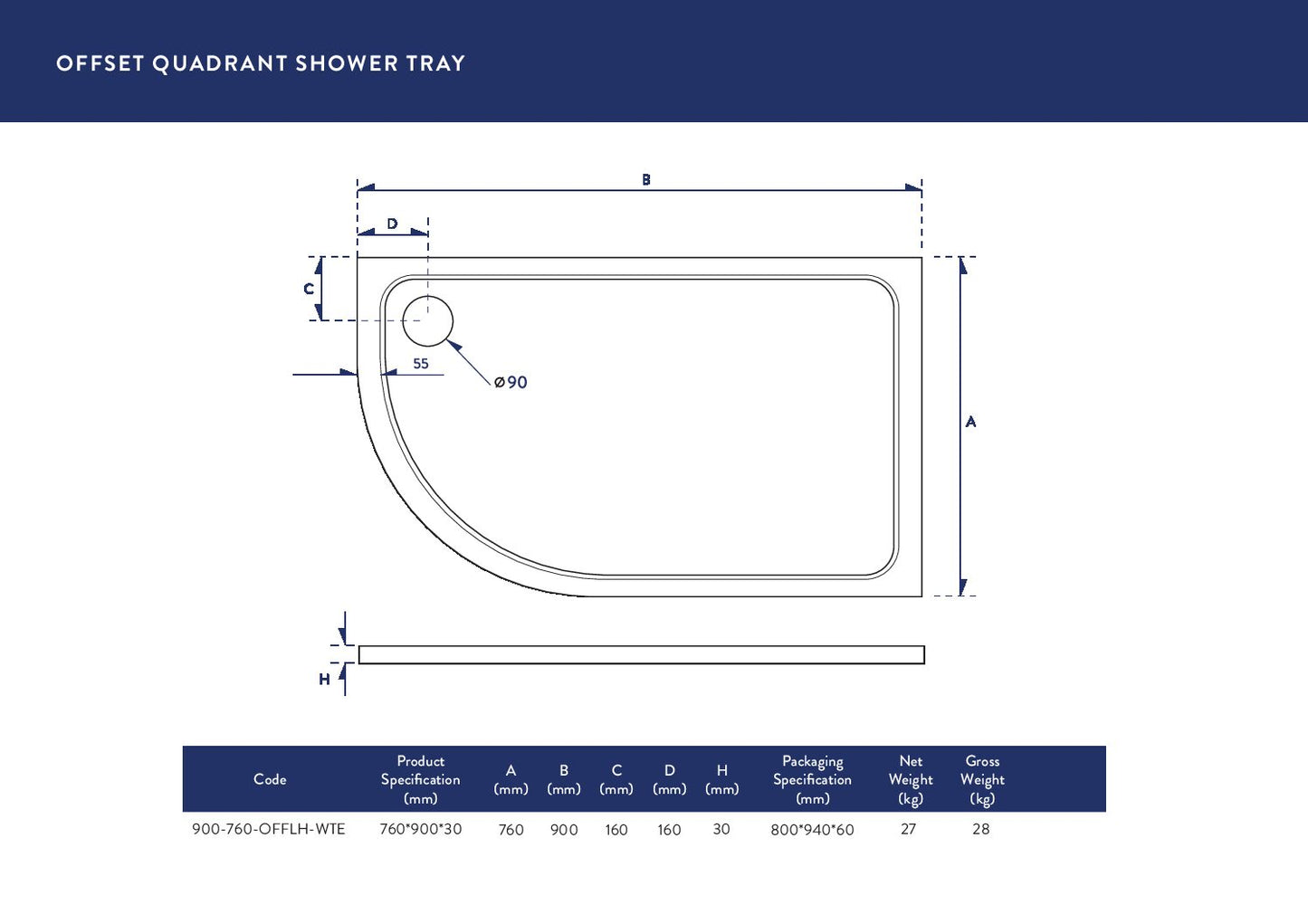 900x760mm Offset Shower Tray - Left Hand
