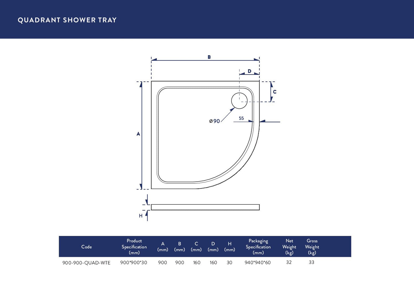 900x900mm Quadrant Tray
