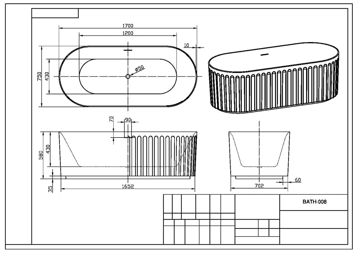 Sorrento Oval Fluted Bath - dimensions