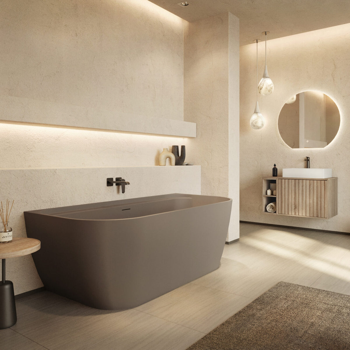 Positano Back To Wall Bath - Matt Clay - in situ 2