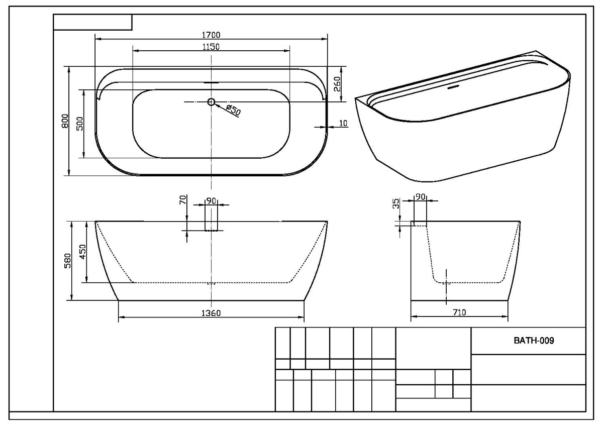 Positano Back To Wall Bath - dimensions