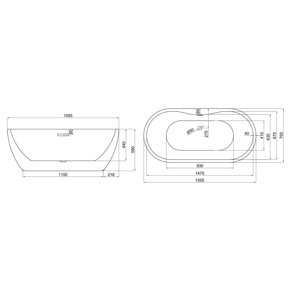 Portofino Double Ended Bath 1555mm - dimensions