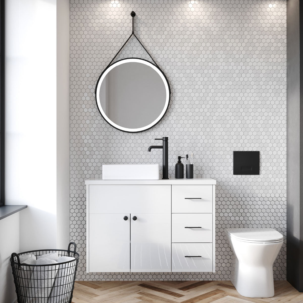 Capri Round LED Hanging Mirror - in situ