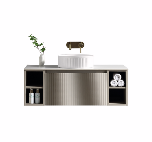 Faenza 1000mm 1 Drawer Wall Mounted Vanity Unit & Sintered Stone Counter Top with Side Storage - Brunello Cashmere