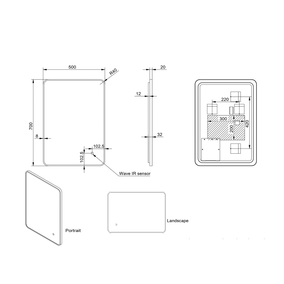 Solis 500x700mm LED Demister Mirror - Black