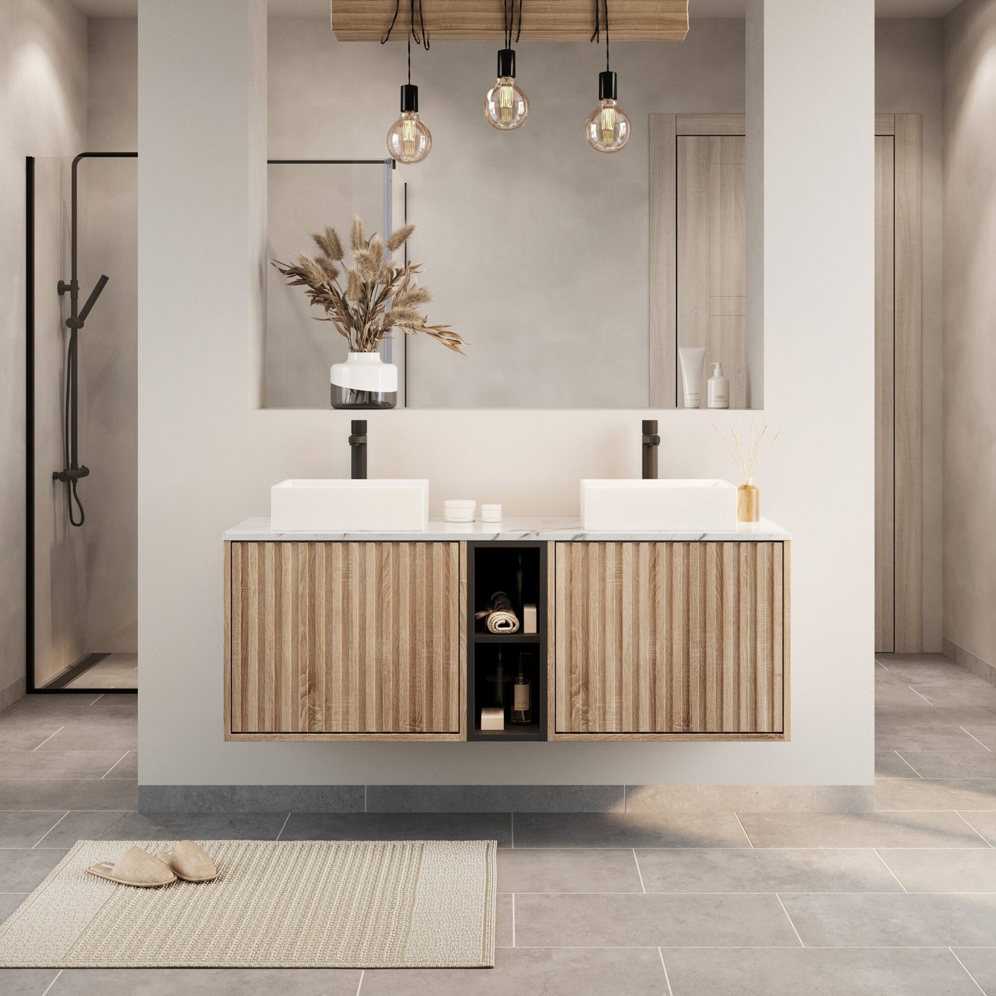 Livano 1400mm Wall Mounted Vanity Unit & Stone Counter Top - Oak