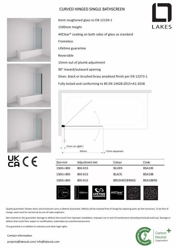 Athena Curved Single Panel Hinged Bath Screen - Chrome