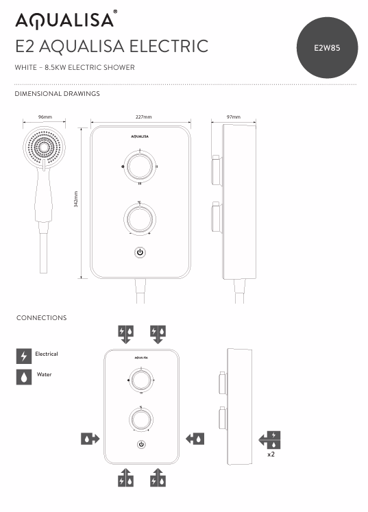 Aqualisa E2 APL Elect Shwr 3 Mode Handset 8.5kW Mulltifit White