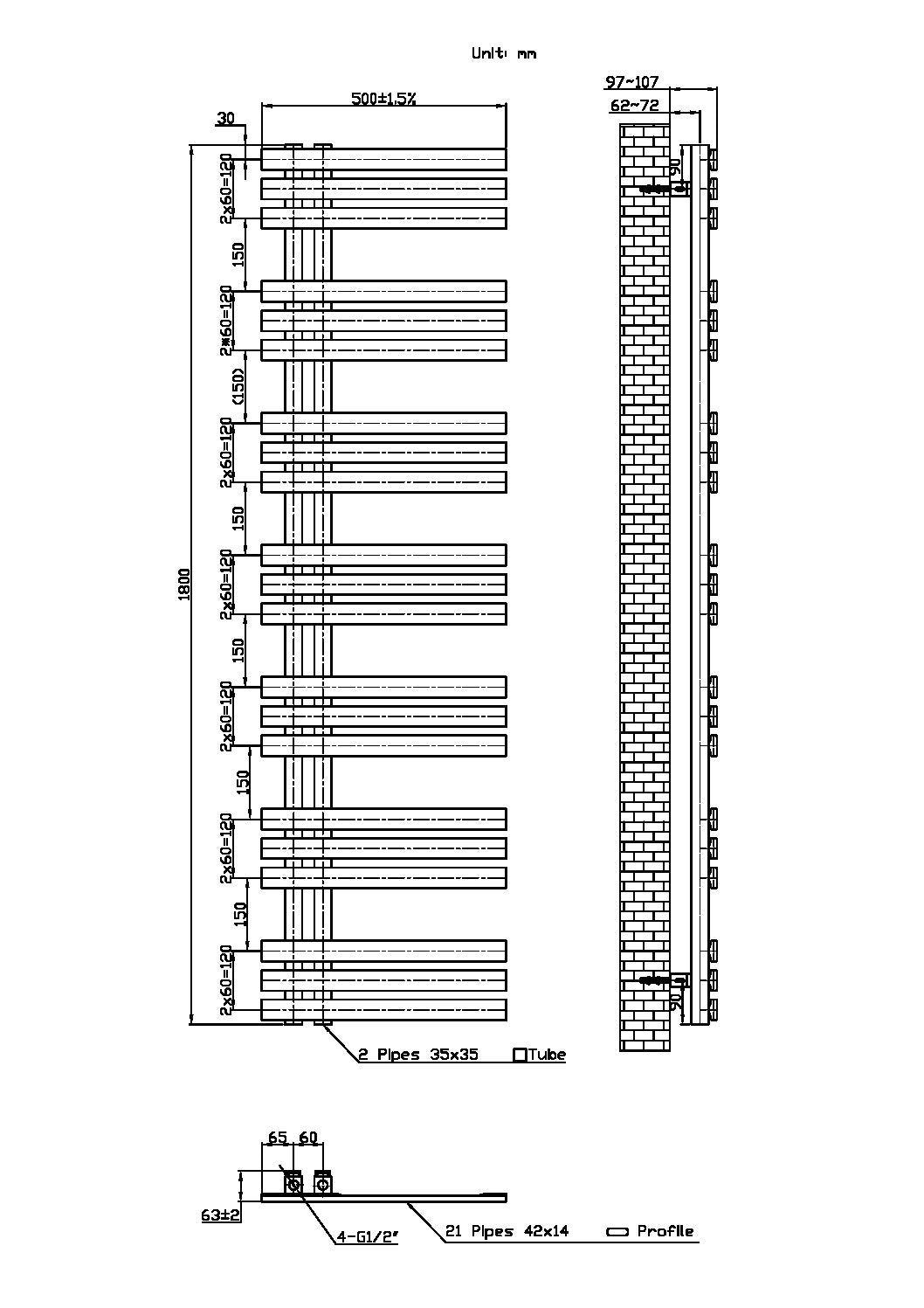 Alpine 500x1800mm Designer Radiator - Chrome