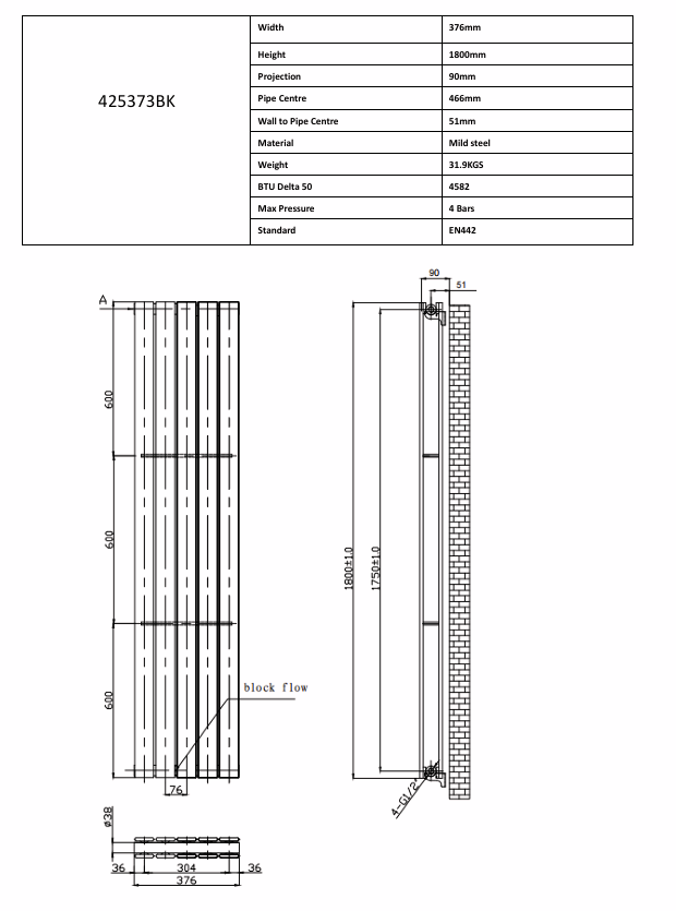Novo 376x1800mm Double Vertical Radiator - Black