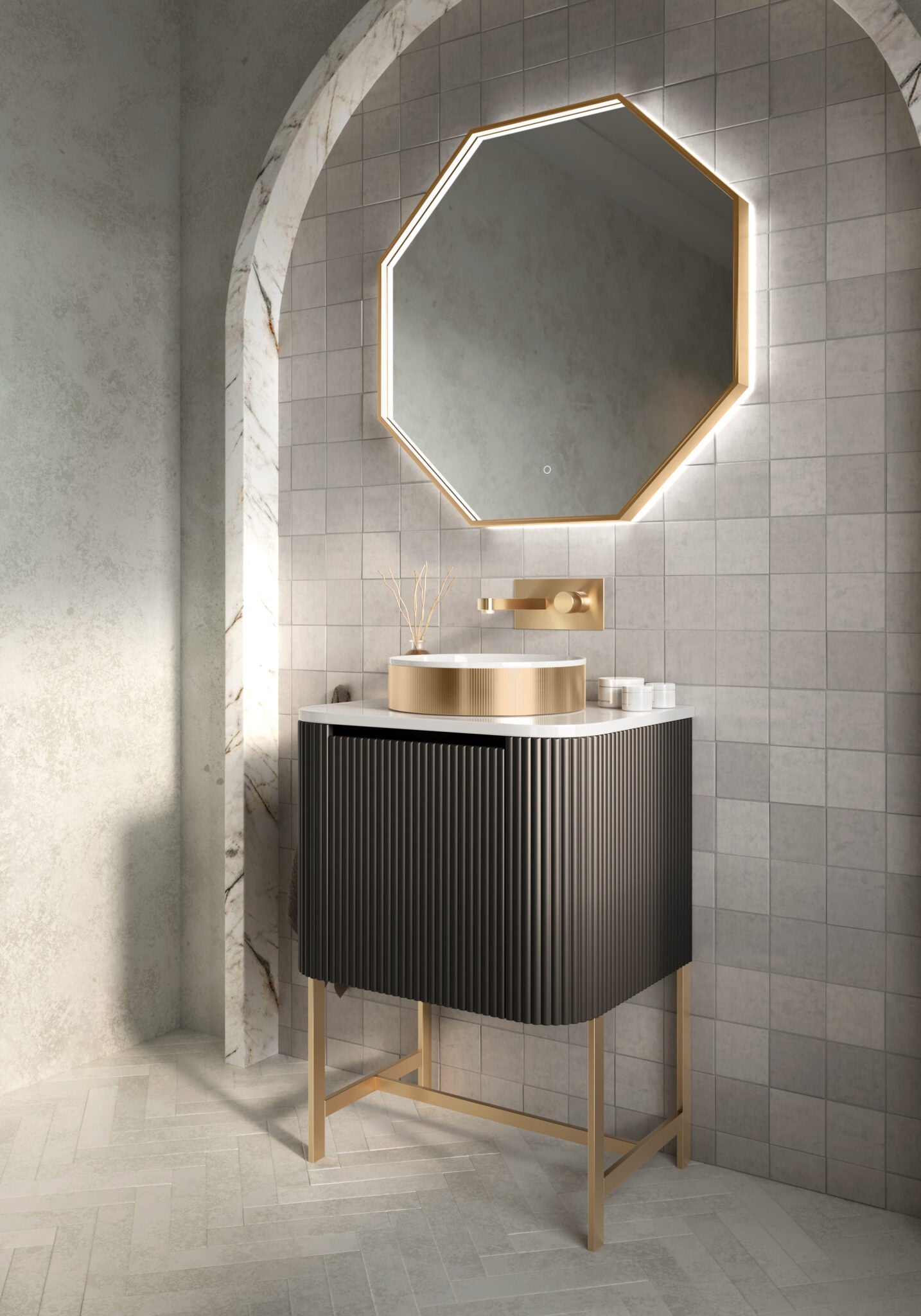 Polaris 600x600mm Octagonal LED mirror - Brushed Brass
