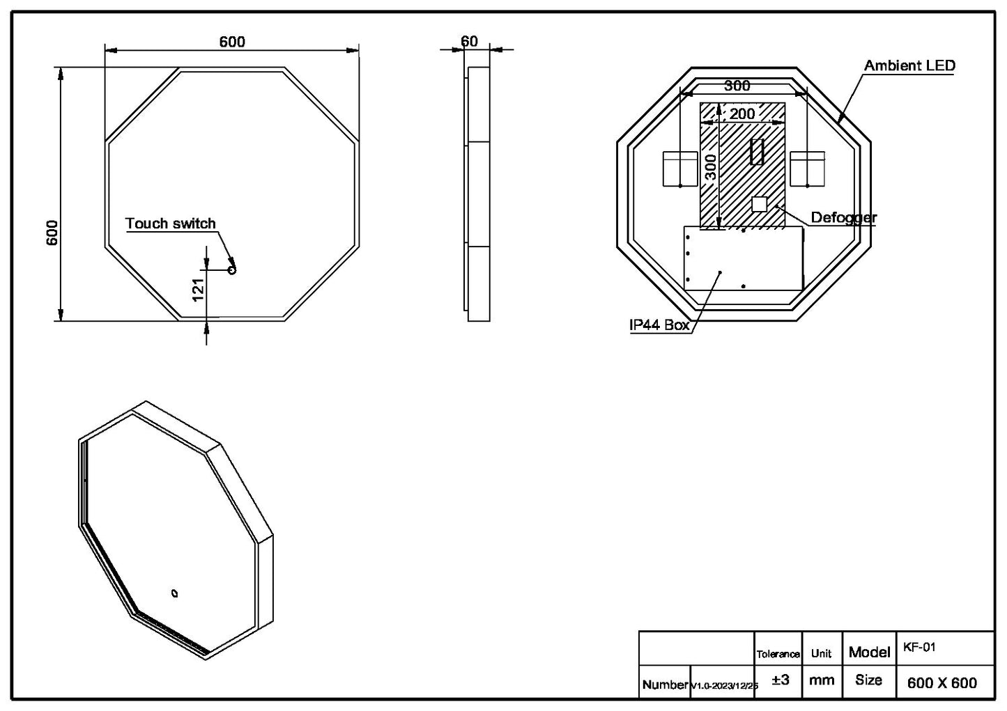 Polaris 600x600mm Octagonal LED mirror - Black
