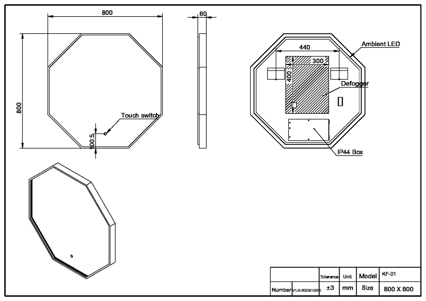 Polaris 800x800mm Octagonal LED mirror - Black