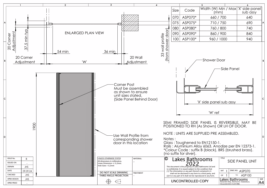 900mm Frameless Side Panel - Brushed Bass