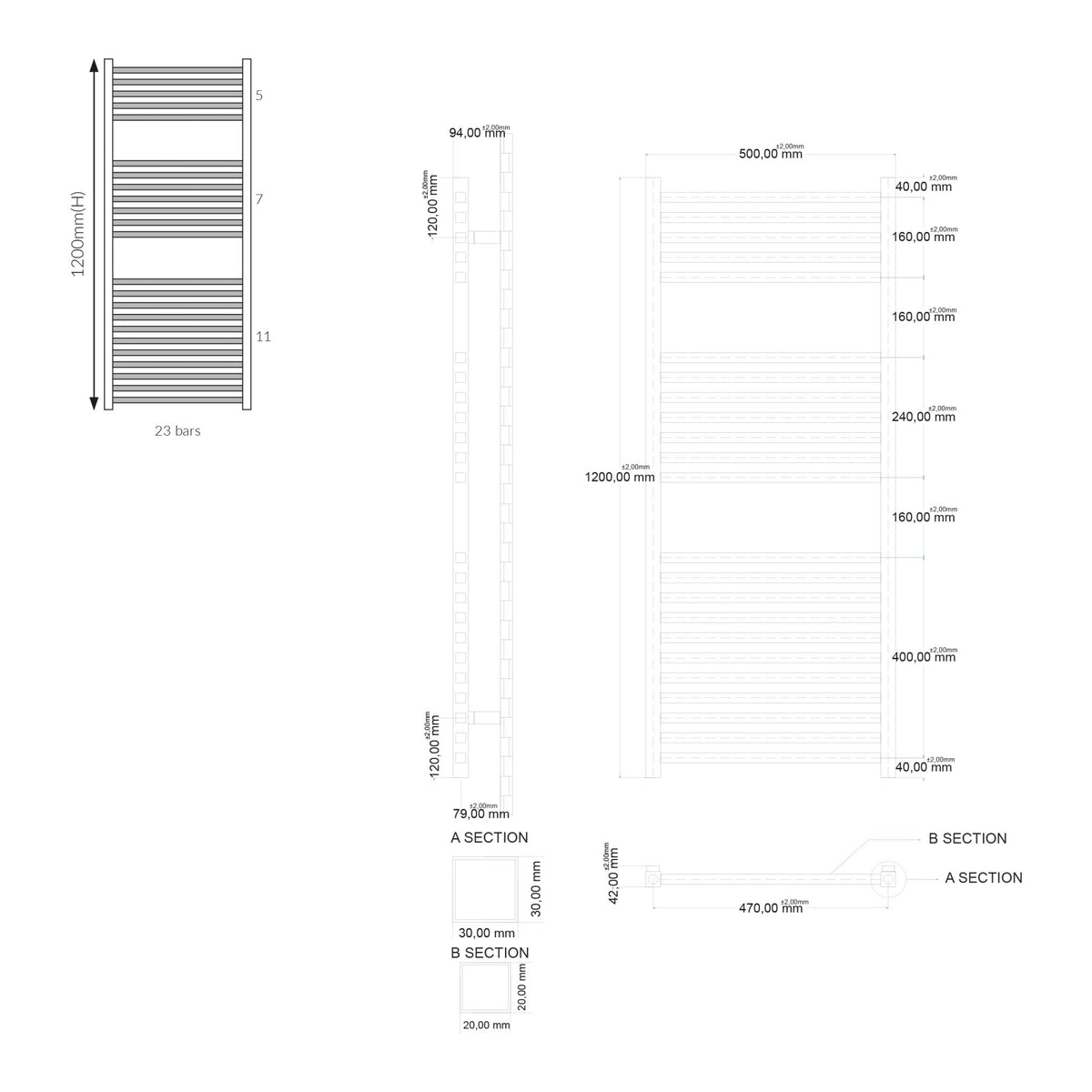 Titan 500x1200mm Designer Towel Rail - Chrome