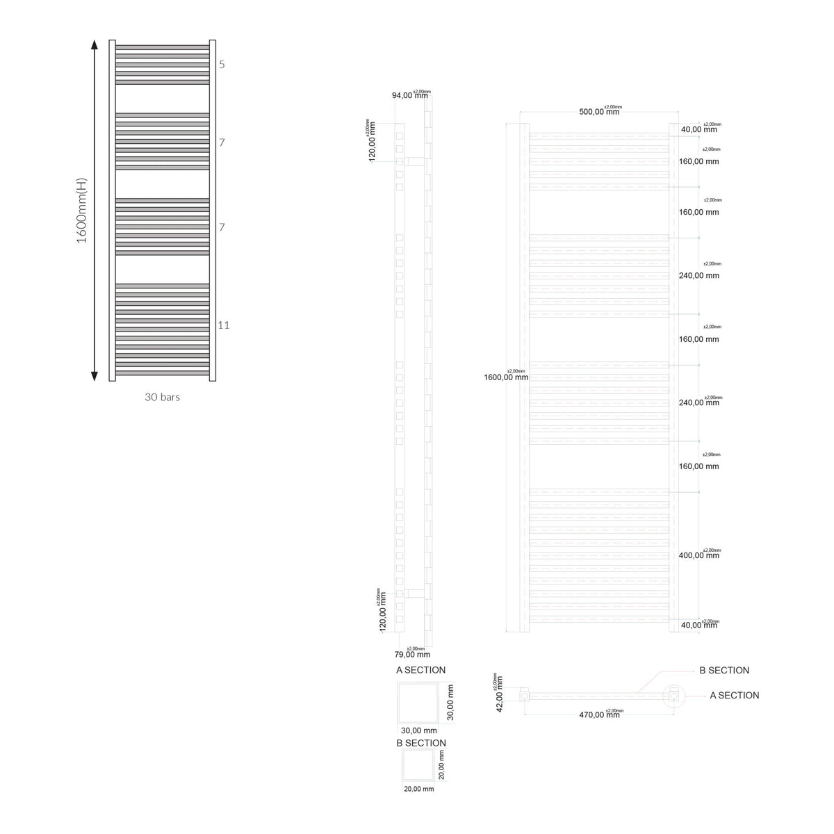 Titan 500x1600mm Designer Towel Rail - Chrome